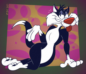 3_toes 4_fingers abstract_background anthro arm_support bedroom_eyes belly biped black_body black_eyes black_fur black_pawpads cheek_tuft curling_toes curvy_figure dipstick_tail dotted_background facial_tuft feet fingers forward_arm_support fur glance gloves_(marking) half-closed_eyes head_tuft humanoid_feet humanoid_hands humanoid_heel kneeling leg_markings lines_drawn looking_at_viewer male markings multicolored_body multicolored_fur narrowed_eyes nude pattern_background pawpads paws pecs plantigrade polka_dots pose raised_tail red_nose seductive simple_background smile smiling_at_viewer socks_(marking) soles solo tail tail_markings toes tongue tongue_out toony tuft two_tone_body two_tone_fur whiskers white_belly white_body white_chest white_feet white_fur white_hands white_sclera white_tail_tip wide_hips gavanzude looney_tunes warner_brothers sylvester_(looney_tunes) domestic_cat felid feline felis mammal tuxedo_cat 2025 alternate_version_at_paywall colored digital_drawing_(artwork) digital_media_(artwork) flat_colors hi_res pinup signature