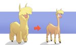 bare_skin before_and_after cloven_hooves female feral fluffy hair hair_over_eyes hooves purple_eyes red_arrow sheared simple_background solo hitsuji them's_fightin'_herds paprika_paca_(tfh) alpaca camelid mammal absurd_res hi_res