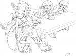 anthro clothing desk furniture group male meeting scan scar table torn_clothing transformation catmonkshiro mythology rakan canid canine canis mammal mythological_canine mythological_creature werecanid werecanine werecreature werewolf wolf 2018 greyscale monochrome sketch traditional_media_(artwork)