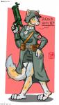 anthro army blush breasts clothed clothing coat female fully_clothed fur gun hair headgear holding_object holding_weapon island looking_at_viewer military military_helmet ranged_weapon simple_background smile soldier solo standing text topwear trenchcoat uniform warrior weapon alvidz zafronika canid canine fox mammal 2019 4:7 digital_media_(artwork) hi_res