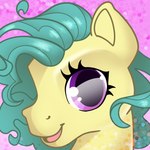 2024 bokeh cutepencilcase equid equine eyelashes fan_character female female_feral feral fineline fur glistening glistening_eyes green_hair hair hasbro hi_res horse icon mammal mlp_g3 my_little_pony open_mouth open_smile pink_background pony purple_eyes simple_background smile solo sparkles sparkling_hair style_emulation yellow_body yellow_fur