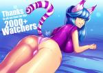 big_breasts blue_hair breasts butt clothed clothing female fur green_eyes hair heterochromia long_hair looking_at_viewer looking_back panties purple_body purple_fur red_eyes shirt smile solo stripes text thick_thighs topwear underwear white_body white_fur xdtopsu01 animal_humanoid cat_humanoid felid felid_humanoid feline feline_humanoid humanoid mammal mammal_humanoid 2015 english_text hi_res