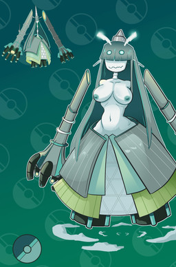 big_breasts blush breasts clothed clothing embarrassed female floating_hands pattern_background pokeball simple_background solo topless nsft nintendo pokemon celesteela generation_7_pokemon humanoid pokemon_(species) ultra_beast absurd_res hi_res