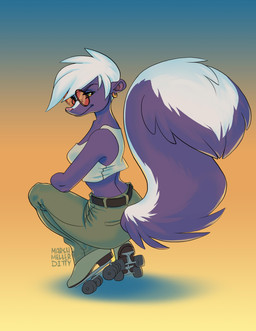 anthro belt bent_down bottomwear clothing ear_piercing ear_ring eyewear female footwear looking_at_viewer pants piercing ring_piercing roller_skates shirt solo sunglasses tail tank_top topwear marshmellerditty mammal mephitid skunk absurd_res hi_res