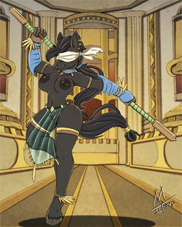 anthro black_vulva blind blindfold clothed clothing disability female genitals navel nipple_piercing nipples piercing solo staff temple topless translucent translucent_clothing vulva weapon meatboom equid equine horse mammal 4:5 hi_res