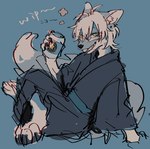 anthro asian_clothing biped blue_body blue_fur clothing drinking east_asian_clothing fur green_eyes hair japanese_clothing kimono looking_at_viewer male slim_anthro slim_male solo white_body white_fur white_hair rinrinwolf canid canine canis mammal wolf 2024