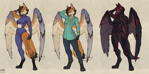 accessory anthro armor armored_tail black_body black_fur black_nipples blue_body blue_feathers bodysuit boots breasts brown_hair cheek_tuft chest_tuft claws clothed clothing dark_nipples digitigrade facial_tuft fangs feathers female fluffy fluffy_tail footwear fur green_eyes hair headgear helmet medal military_uniform nipples orange_body orange_feathers orange_fur paws pipe purple_body purple_feathers rank scaled_hands scar science_fiction shoes skinsuit solo tail teeth text tight_clothing tube tuft uniform white_body white_fur wings yellow_body yellow_fur tashiroth avian bird bluebird canid canine fox hybrid mammal oscine passerine thrush_(bird) absurd_res english_text hi_res model_sheet signature