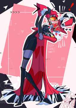 1_eye clothed clothing dress duo exclamation_point eyewear female fishnet_clothing fishnet_legwear glasses hat headgear headwear heart_glasses legwear male ady_laine hazbin_hotel hellaverse angel_dust husk_(hazbin_hotel) niffty_(hazbin_hotel) valentino_(hazbin_hotel) animal_humanoid arthropod arthropod_humanoid cyclops demon demon_humanoid humanoid insect insect_humanoid lepidopteran lepidopteran_humanoid moth_humanoid hi_res