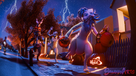 anthro blue_body blue_eyes blue_fur blue_hair building candy chasing claws clothed clothing costume dessert detailed_background diaper diaper_fetish diaper_only diaper_under_clothing electricity female fence food fruit fur group hair halloween_costume holidays horn house jack-o'-lantern lightning male night onesie open_mouth outside plant public pumpkin restraints running sky smile star straitjacket street tail teeth text tongue topless tree trick-or-treating wearing_diaper white_body white_fur snubbyarts abuniverse halloween keralis_(thatstupiddragon) snubby canid canine canis deer kobold mammal new_world_deer reindeer scalie wickerbeast 16:9 3d_(artwork) 4k absurd_res digital_media_(artwork) english_text hi_res huge_filesize widescreen