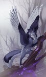 4_toes ambiguous_gender claws day detailed_background feathered_wings feathers feet female feral forest fur grey_body grey_fur outside paws plant purple_body purple_fur solo toes tree wings orphen-sirius hioshiru_(character) canid canine hybrid mammal hi_res