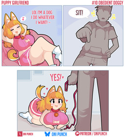 all_fours big_breasts bottomwear breasts clothing collar crossed_legs dialogue duo eyelashes eyes_closed faceless_character faceless_human faceless_male female footwear hands_behind_head heart_symbol hearts_around_head huge_breasts male master miniskirt pink_bottomwear pink_clothing pink_skirt raised_tail sitting skirt socks submissive submissive_female submissive_humanoid sweater tail text thick_thighs topwear white_clothing white_footwear white_socks onigiri_punch animal_humanoid canid canid_humanoid canine canine_humanoid dog_humanoid human humanoid mammal mammal_humanoid absurd_res comic english_text hi_res