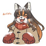 anthro black_nose blush clothing coat eyes_closed female fur hair handwear kemono mittens multicolored_body multicolored_fur multicolored_hair orange_body orange_fur orange_hair scarf simple_background snow solo text tongue tongue_out topwear white_background white_body white_fur shuyara chunithm chunithm_luminous sega sega_fave inuko_mimimi_(sega) canid canine canis domestic_dog mammal 1:1 half-length_portrait japanese_text portrait