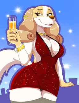 alcohol anthro anthrofied barely_visible_underwear beverage big_breasts black_clothing black_underwear breasts cleavage clock clothed clothing dress ear_accessory eyelashes female glass glistening_eyelids long_eyelashes open_mouth open_smile panties panty_peek panty_shot partially_visible_underwear ring short_dress smile solo sparkles sparkling_clothing tail thick_thighs underwear upskirt watch wide_hips zebra10045 belfort_and_lupin diane_(belfort_and_lupin) canid canine canis domestic_dog mammal hi_res