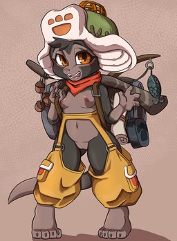 4_fingers 4_toes anthro areola backpack barefoot biped black_body bottomwear breasts casual_exposure claws clothing cosplay countershade_face countershade_torso countershading feet female female_anthro finger_claws fingers front_view genitals gesture gloves_(marking) green_eyes grey_body grey_countershading grey_markings hat head_tuft headgear headwear iris kerchief leg_markings looking_at_viewer markings mostly_nude mostly_nude_anthro mostly_nude_female multicolored_body navel neckerchief neckwear nipples open_mouth pants pink_nose plantigrade pupils simple_background small_breasts socks_(marking) solo standing teeth toe_claws toes tongue tuft two_tone_body vulva waving waving_at_viewer young young_anthro young_female daigaijin capcom monster_hunter domestic_cat felid feline felis mammal 2025 full-length_portrait hi_res portrait