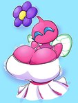 anthro bare_shoulders big_breasts blue_eyes bouncing_breasts breasts cleavage clothed clothing dress female flower frilly frilly_clothing frilly_dress happy huge_breasts motion_lines pink_body pink_skin plant simple_background small_waist solo wings blahblah866 nintendo pikmin elemental_creature flora_fauna pikmin_(species) winged_pikmin 2025 half-length_portrait portrait