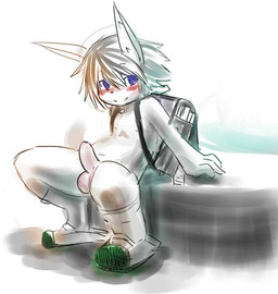 anthro backpack balls blush erection genitals male nude penis randoseru shota simple_background solo white_background young young_anthro young_male icefrogs lagomorph leporid mammal rabbit