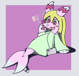anthro blonde_hair border bottomless clothed clothing fangs female female_symbol gender_symbol gender_transformation gloves_(marking) hair horn id_card implied_transformation interrobang legless looking_down looking_down_at_self male_symbol markings mtf_transformation open_mouth open_smile oversized_clothing pawpads pink_body pink_nose pink_pawpads plushie plushie_tag pokeball_symbol purple_background seam_(sewing) shirt shocked simple_background sitting sitting_on_ground smile solo symbol t-shirt tail teeth three-quarter_view topwear transformation whiskers white_border white_markings oagoner nintendo pokemon sylve0n_(user) animate_inanimate brionne generation_7_pokemon living_plushie pokemon_(species) 2024 colored