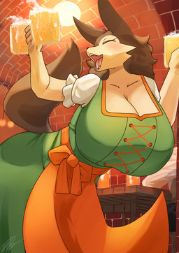 alcohol anthro beer beer_glass beverage big_breasts blush breasts brown_body brown_fur clothed clothed_anthro clothed_female clothing dirndl eyes_closed female fingers fur furgonomics furniture green_clothing happy huge_breasts humanoid_hands inside low-angle_view open_mouth solo standing table tail tan_body tan_fur sorakamis canid canine canis mammal wolf absurd_res colored hi_res shaded signature