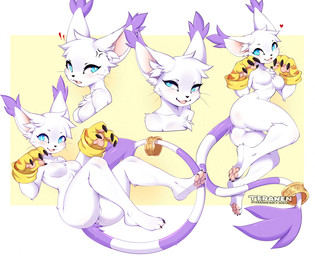anthro big_pawpads breasts chest_tuft claws featureless_breasts featureless_crotch feet female inner_ear_fluff looking_at_viewer medium_breasts pawpads paws pupils simple_background soles solo toes tuft white_pupils conditional_dnp teranen bandai_namco digimon digimon_(species) felid gatomon mammal sketch_page