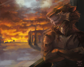anthro cloud crossed_arms detailed_background fur male nude smile solo sunset whiskers window antanariva felid mammal pantherine tiger hi_res