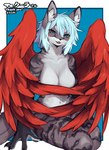 abstract_background anthro arm_support blue_eyes blue_hair breasts claws collarbone covering covering_breasts covering_crotch eyelashes feathered_wings feathers female fur hair inner_ear_fluff kemono leg_markings looking_at_viewer markings navel neck_tuft open_mouth pawpads red_body red_feathers red_wings short_hair sitting socks_(marking) solo tabby_fur teeth thick_thighs tuft white_body white_fur wide_hips wings sue36v hybrid artist_name hi_res