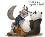 anthro black_nose blush brown_eyes clothed clothing dialogue duo embarrassed female fur green_eyes grey_body grey_fur male on_top_of_belly overweight simple_background tail text whiskers hareluca dreamworks kung_fu_panda master_po_ping zhen_(kung_fu_panda) bear canid canine corsac_fox fox giant_panda mammal true_fox 2023 absurd_res digital_media_(artwork) digital_painting_(artwork) english_text hi_res