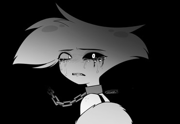 bodily_fluids chained_collar crying makeup male running_makeup solo tears enaic31 hazbin_hotel hellaverse angel_dust arachnid arthropod demon humanoid spider hi_res monochrome