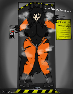 anthro big_breasts black_body black_fur black_hair black_nipples bodily_fluids bone breasts clothing dialogue dripping_vulva female fluffy fur genital_fluids genitals hair heart_eyes heart_symbol impregnation_request in_heat jumpsuit long_hair looking_at_viewer nipples orange_jumpsuit skull skull_head solo steam sweat sweatdrop sweaty_body sweaty_breasts text thick_thighs torn_clothing vaginal_fluids vulva white_eyes reena_dreamer scp_foundation scp-1471-a canid canine malo mammal skulldog_(species) absurd_res english_text hi_res