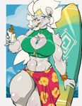 5_fingers anthro athletic athletic_anthro athletic_female big_breasts blue_eyes bottomwear bracelet breasts cleavage clothed clothing crossgender day ear_piercing ear_ring female fingers food fur jewelry mtf_crossgender necklace outside piercing ring_piercing solo standing surfboard teeth topwear white_body white_fur chalo las_lindas pulsar_(chalo) cricetid hamster mammal rodent 2025 hi_res portrait signature three-quarter_portrait