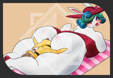 anthro beach beach_towel big_breasts big_butt breasts butt butt_grab clothed clothing duo face_in_ass female green_hair hair hand_on_butt looking_back male male/female on_towel overweight size_difference swimwear thick_thighs towel diamond_grenadier mario_bros nintendo super_mario_odyssey broodal danny_(somescrub) madame_broode bear mammal shyguy hi_res
