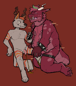anthro bdsm bodily_fluids degradation duo genital_fluids genitals humping larger_sub leash male male/male peeing penis petplay pisskink puppyplay roleplay simple_background size_difference submissive submissive_male urine watersports openfracturesday hybrid absurd_res digital_media_(artwork) hi_res
