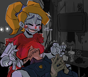big_breasts bodily_fluids bow_ribbon breast_on_face breasts clothing dress duo electric_fan eyes_closed female fingers fingers_together hands_together head_on_lap leaning leaning_backward lipstick machine makeup male male/female not_furry on_lap pigtails pipe red_cheeks red_clothing red_dress red_lipstick red_nose security security_guard spread_legs spreading sweat twitching zombiezest five_nights_at_freddy's scottgames circus_baby_(fnaf) animatronic human humanoid mammal robot robot_humanoid 2026 digital_media_(artwork) hi_res