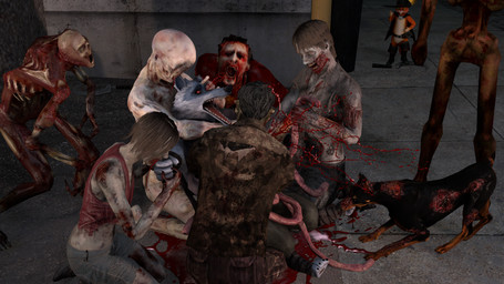 ambiguous_gender anthro bite blood bodily_fluids clothing ear_bite eating eating_flesh entrails eye_gouge female feral flesh fur gesture gore grey_body grey_fur group guts hand_gesture horror_(expression) horror_(theme) imminent_death intestines killing male middle_finger open_mouth organs outside red_eyes screaming screaming_prey snuff teeth tongue torn_clothing kyleroo capcom dreamworks half-life id_software microsoft puss_in_boots_(franchise) quake resident_evil valve valve_corporation death_(puss_in_boots) puss_in_boots_(dreamworks) canid canine canis dobermann domestic_cat domestic_dog felid feline felis human humanoid mammal monster pinscher undead wolf zombie 16:9 3d_(artwork) digital_media_(artwork) hi_res widescreen