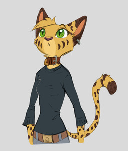 anthro belt bottomwear clothing collar ear_piercing ear_ring facial_markings female fur green_eyes head_markings head_tuft long_sleeve_shirt long_tail looking_up markings pants piercing pupils ring_piercing simple_background slit_pupils solo spots spotted_body spotted_fur striped_markings stripes tail tuft yellow_body yellow_fur ruffu pepper_in_the_sandbox pepper_(ruffu) felid feline mammal serval digital_drawing_(artwork) digital_media_(artwork) half-length_portrait hi_res portrait