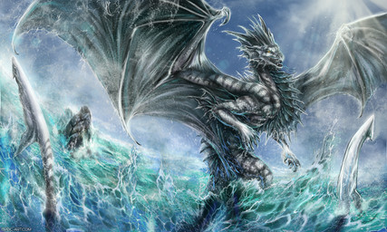 ambiguous_gender claws day detailed_background detailed_scales feral grey_body grey_scales horn long_tail membrane_(anatomy) membranous_wings nude open_mouth outside partially_submerged rock scales solo spines spread_wings sun tail teeth water wings yellow_eyes isvoc european_mythology mythology dragon mythological_creature mythological_scalie scalie western_dragon 5:3 detailed digital_media_(artwork)