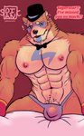 abs anthro biceps blush bow_tie bulge clothed clothing ear_piercing fur gloves handwear hat headgear headwear looking_at_viewer machine male muscular muscular_anthro muscular_male nipples open_mouth pecs piercing pubes simple_background smile solo text thong underwear vein veiny_muscles dian five_nights_at_freddy's five_nights_at_freddy's:_security_breach scottgames steel_wool_studios glamrock_freddy animatronic bear mammal robot 2022 absurd_res digital_drawing_(artwork) digital_media_(artwork) hi_res signature