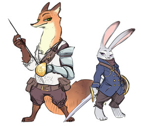 anthro bag barefoot belt cosplay crossover_cosplay duo eyelashes feet female green_eyes larger_male male melee_weapon purple_eyes rapier shield simple_background size_difference smaller_female smile sword weapon white_background nobby_(artist) armello disney league_of_geeks zootopia judy_hopps nick_wilde scarlet_(armello) canid canine european_rabbit fox lagomorph leporid mammal oryctolagus rabbit red_fox true_fox crossover hi_res