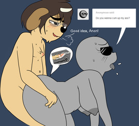 all_fours anal anal_penetration anthro areola big_breasts black_nose blush bodily_fluids breasts breath brown_body brown_fur brown_hair cervix chest_tuft cum cum_in_ass cum_inside cutaway dialogue doggystyle duo erection eyewear female female_human female_penetrated from_behind_position fur genital_fluids genitals glasses grey_body grey_skin hair horn humanoid_genitalia humanoid_penis internal kneeling male male/female male_anthro male_penetrating male_penetrating_female nipples nude open_mouth penetration penis sex slightly_chubby smile speech_bubble standing sunglasses sweat tan_body tan_fur text tongue tongue_out tuft vulva sprockeyart tumblr anon sprockey_hudson human mammal 2015 english_text hi_res