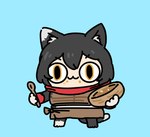 :3 biped black_body black_fur black_hair blue_background bowl chibi closed_smile clothed clothing container cutlery female food_on_face fur hair inner_ear_fluff kitchen_utensils mouth_closed multicolored_body multicolored_fur pupils simple_background slit_pupils smile solo spoon tail tools tuft two_tone_body two_tone_fur white_body white_fur yellow_eyes affea delicious_in_dungeon izutsumi_(delicious_in_dungeon) animal_humanoid cat_humanoid felid felid_humanoid feline feline_humanoid humanoid mammal mammal_humanoid