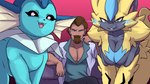 16:9 2023 :3 anthro beard big_breasts black_body black_fur black_nose black_sclera blue_body blue_eyes blue_fur blue_skin breasts brown_beard brown_facial_hair brown_hair cheek_tuft cleavage clothed clothing eeveelution eyelashes facial_hair facial_tuft fangs female female_anthro female_feral feral fin fur generation_1_pokemon generation_7_pokemon glistening glistening_eyes grin group hair hi_res human humanoid_hands legendary_pokemon looking_at_viewer male male_human mammal multicolored_body multicolored_fur nintendo open_mouth open_smile pink_eyes pink_nose pink_tongue plagueofgripes pokemon pokemon_(species) professor_harkness pupils quadruped sitting smile tan_body tan_skin teeth teeth_showing tongue trio tuft vaporeon white_pupils widescreen yellow_body yellow_fur zeraora