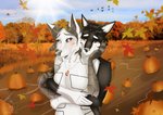 anthro autumn black_body black_fur black_hair black_sclera blush breasts circle_eyebrows countershading duo eyebrows featureless_breasts female food fruit fur gradient_fur grey_hair hair hug jewelry leaf male male/female necklace nude outside plant pumpkin red_eyes romantic romantic_couple tree white_body white_fur snowpupcreations jennifer_nyte canid canine canis mammal wolf