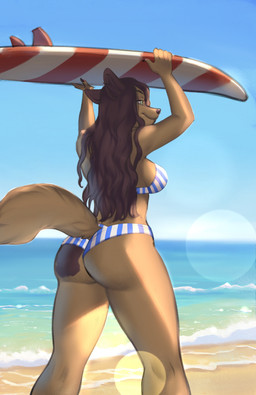 5_fingers anthro beach bikini bikini_bottom bikini_top black_nose breasts brown_hair butt clothed clothed_anthro clothed_female clothing female fingers fur hair humanoid_hands pattern_bikini pattern_clothing pattern_swimwear sand sea smile solo striped_bikini striped_bikini_bottom striped_bikini_top striped_clothing striped_swimwear stripes surfboard swimwear tail tan_body tan_fur two-piece_swimsuit water novery lexie_(namiki_blue) canid canine canis mammal wolf hi_res