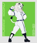 anthro barazoku baseball_uniform biceps blep boots border bulge butt claws clothed clothing flexing footwear fur green_background looking_at_viewer looking_back looking_back_at_viewer male mane mascot muscular muscular_anthro muscular_male pose shoes simple_background smile solo sportswear standing teeth text tight_clothing tongue tongue_out tuft uniform whiskers white_border wristband outcast-stars nippon_professional_baseball saitama_seibu_lions leo_(saitama_seibu_lions) felid lion mammal pantherine 2024 artist_name english_text hi_res pinup