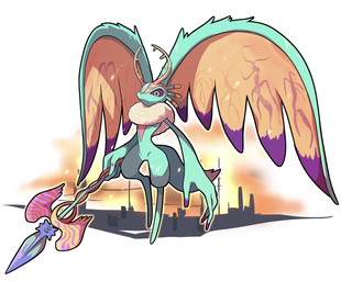 ambiguous_gender antares_(kirby_and_the_forgotten_land) anthro antlers biped chest_tuft city city_background colored_nails countershade_torso countershading digitigrade dipstick_tail fingernails fluffy fluffy_tail fur head_wings holding_melee_weapon holding_object holding_polearm holding_spear holding_weapon horn huge_wings markings melee_weapon mouthless multicolored_body multicolored_eyes multicolored_fur nails neck_tuft pink_body pink_eyes pink_fur polearm pupils purple_eyes purple_fingernails purple_nails purple_sclera simple_background solo spear sunrise tail tail_markings tan_body tan_fur teal_body teal_eyes teal_fur three-quarter_view tuft unusual_wing_placement weapon white_background wings oe_ichigo kirby_(series) kirby_and_the_forgotten_land nintendo fecto_elfilis alien chinchilla chinchillid mammal rodent starling_(kirby) 2022 digital_drawing_(artwork) digital_media_(artwork) full-length_portrait hi_res japanese_description portrait