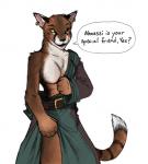 2011 ahnassi anthro belt bethesda_game_studios black_nose blush breasts brown_body brown_fur chest_tuft clothed clothing colored_sketch conditional_dnp dialogue ear_piercing english_text featureless_breasts felid female flapjack9000_(artist) fur khajiit looking_at_viewer mammal markings microsoft morrowind naturally_censored one_breast_out partially_clothed piercing ring_(marking) ringed_tail robe simple_background sketch smile smirk solo striped_body striped_fur striped_markings striped_tail stripes suggestive tail tail_markings text the_elder_scrolls tom_fischbach tuft undressing white_background white_body white_fur yellow_eyes