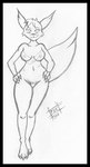 anthro biped black_border border breasts female genitals hair hand_on_hip nipples nude pokemorph pubic_fuzz pussy short_hair solo tail reddragonkan nintendo pokemon generation_3_pokemon pokemon_(species) zangoose graphite_(artwork) monochrome traditional_media_(artwork)