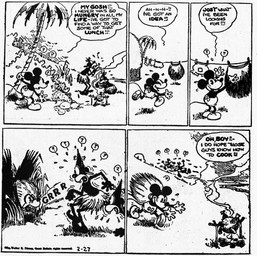 anthro bone bottomwear clothed clothing dialogue ear_piercing ear_ring eating feet fingers food footwear gloves grass_skirt group handwear male meat open_mouth outside palm_tree pants piercing plant question_mark racism ring_piercing skirt speech_bubble teeth text tongue tree trio walt_disney_(artist) win_smith disney public_domain mickey_mouse 1930 20th_century absurd_res ancient_art black_and_white comic english_text hi_res monochrome