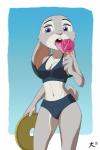 2018 2:3 abs absurd_res anthro athletic athletic_anthro athletic_female bikini breasts cleavage clothed clothing deaffinity deannart disney female food frisbee fur hi_res judy_hopps lagomorph leporid mammal pawpsicle popsicle purple_eyes rabbit short_stack simple_background solo standing swimwear tongue tongue_out zootopia