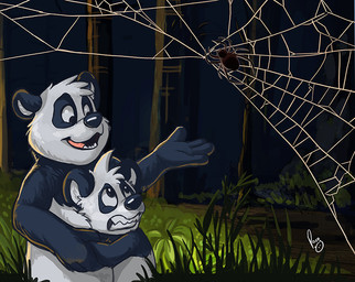 anthro bared_teeth black_body black_fur black_nose fur glistening glistening_eyes grass group logo male male_anthro night nude open_mouth open_smile outside overweight overweight_anthro overweight_male plant scared smile spider_web standing teeth tree trio white_body white_fur young young_anthro young_male pandapaco parinton arachnid arthropod spider artist_logo signature