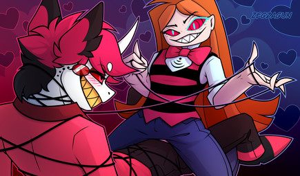 bangs bdsm blue_clothing blush blush_lines bondage bottomwear bound bow_tie clothing cosplay costume dominant dominant_female duo ear_tuft eyewear female footwear freckles hair heart_symbol horn long_hair male male/female monocle orange_hair pants pattern_clothing red_clothing red_eyes red_hair restraints rope rope_around_chest rope_around_neck rope_bondage sharp_teeth shirt shoes sitting_on_another smile striped_clothing stripes submissive submissive_male teeth teeth_showing topwear tuft unicorn_horn vest wire zegzagun hazbin_hotel hellaverse alastor_(hazbin_hotel) vox_(hazbin_hotel) human humanoid mammal absurd_res hi_res